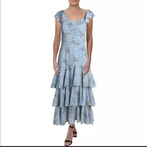 AQUA XS floral ruffle blue sun dress maxi